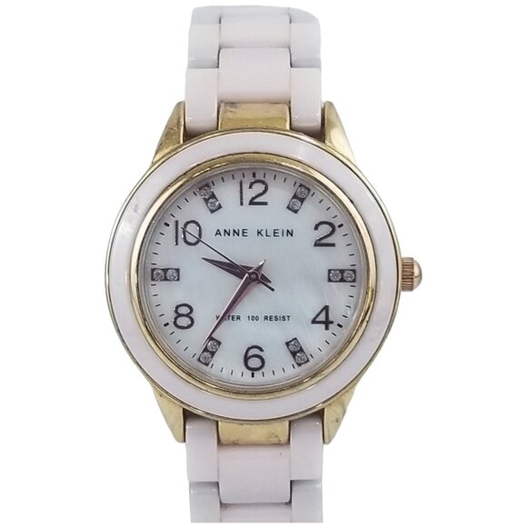 Anne Klein Women's Pink Enamel Gold Tone Watch Mother of Pearl Stainless Steel - Picture 5 of 10